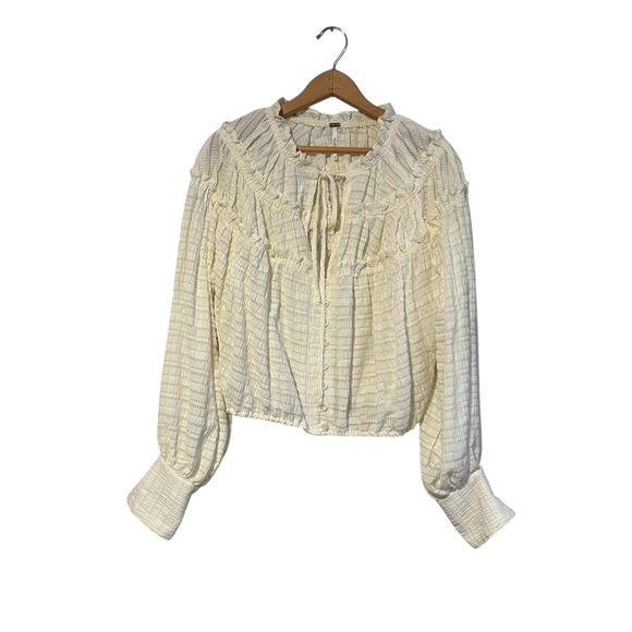 Free People Hailey Cotton Shadow-Striped Crop Top Blouse Size Small Ruffles - Picture 3 of 8